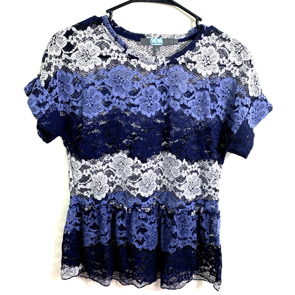 Anthropologie Eva Franco Women's Size XS Sheer Striped Lace Peplum Top Blouse - Picture 1 of 7